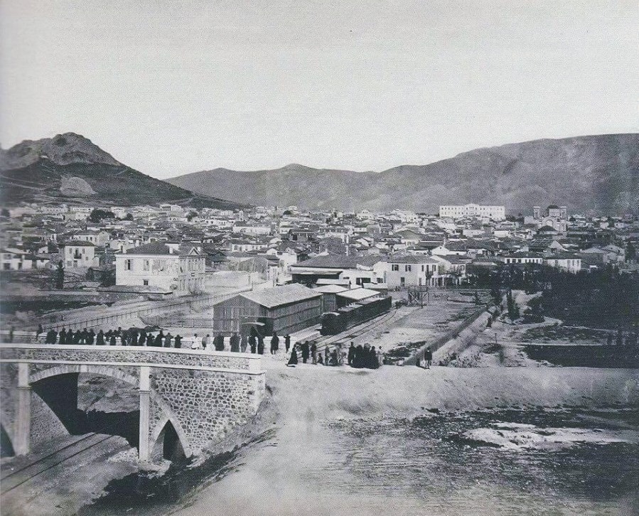 Athenians on Thiseio bridge 1869 railway