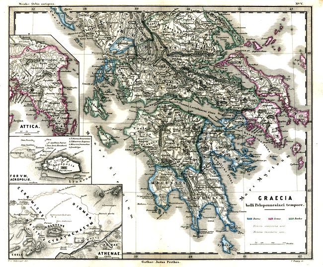 Antique Map from 1862 of Ancient Greece during the Peloponnesian War